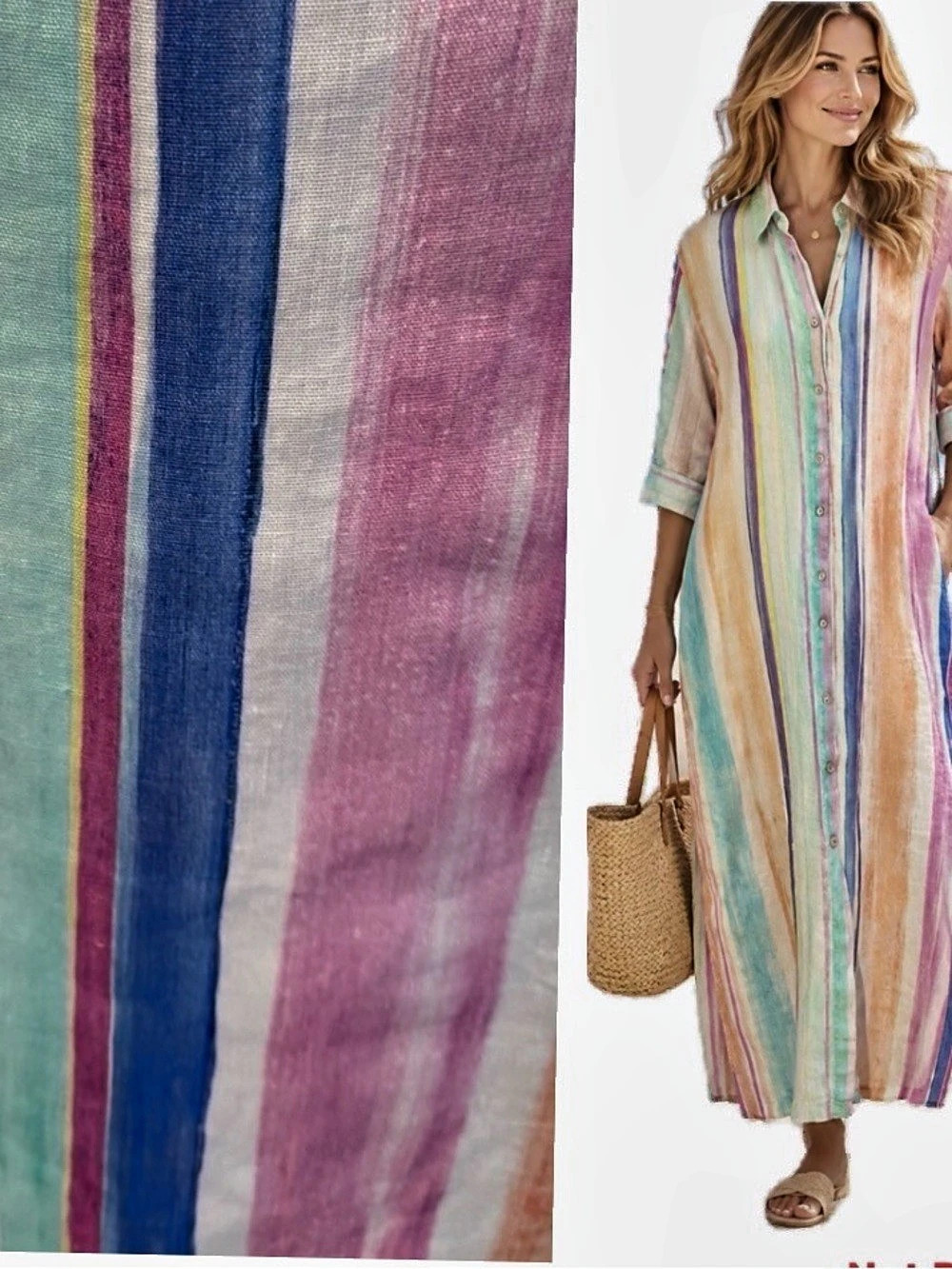 120% Lino, 100% Linen Multicolor Striped Maxi Kaftan Shirt Dress (Size 44 M 8/1